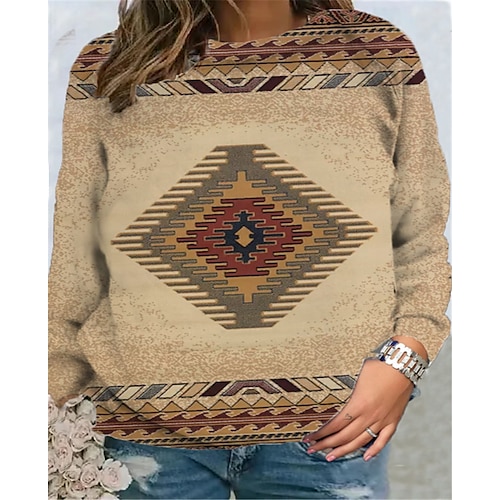 

Women's Plus Size Tops Pullover Sweatshirt Geometry Print Long Sleeve Crew Neck Vintage Ethnic Casual Daily Going out Polyester Winter Fall khaki