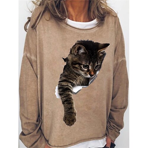 

Women's Sweatshirt Pullover Basic Khaki Light Blue Gray Cat Street Round Neck Long Sleeve S M L XL 2XL 3XL