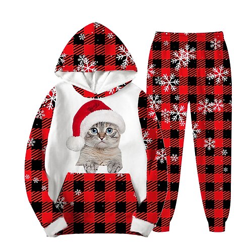 

2 Pieces Kids Girls' Ugly Christmas Plaid Hoodie & Pants Set Long Sleeve Vacation Christmas Gifts 7-13 Years Winter Wine Red