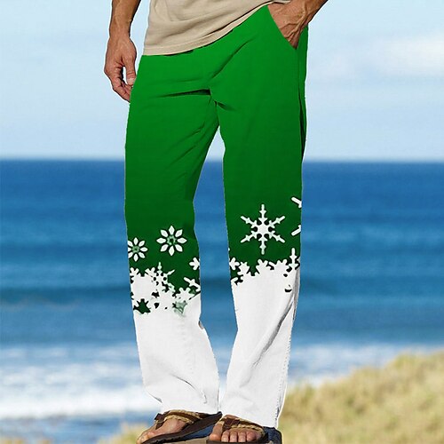 

Men's Trousers Beach Pants Drawstring Elastic Waist 3D Print Graphic Prints Snowflake Christmas Comfort Breathable Casual Daily Holiday Streetwear Classic Style Green Red