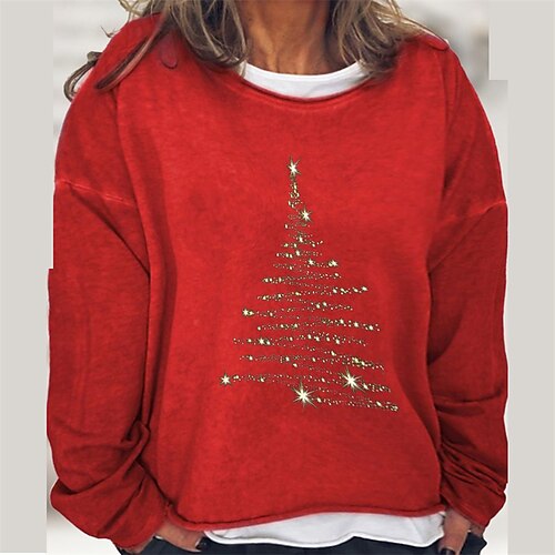 

Women's Plus Size Christmas Tops Pullover Sweatshirt Tree Fake two piece Print Long Sleeve Crew Neck Casual Holiday Festival Daily Polyester Winter Fall Green Black