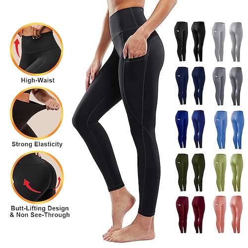 

Women's Compression Tights Leggings Side Pockets Base Layer Athletic Athleisure Cotton Tummy Control Butt Lift Breathable Running Jogging Training Sportswear Activewear Solid Colored Deep Green Black