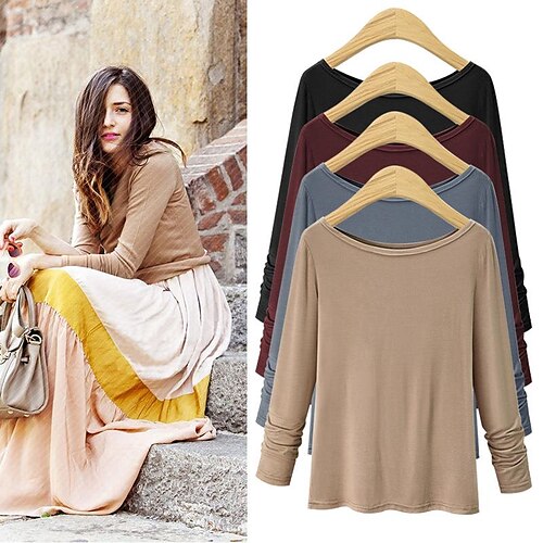 

spring and autumn bottoming shirt large size round neck loose long-sleeved t-shirt female 200 catties fat mm plus fertilizer to increase solid color top