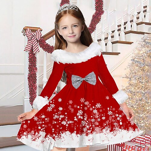 

vestito da ragazza per bambini albero di babbo natale fiocco di neve abito casual vestito sopra il ginocchio regali bordo in pelliccia girocollo manica lunga vestito adorabile 2-13 anni vino rosso