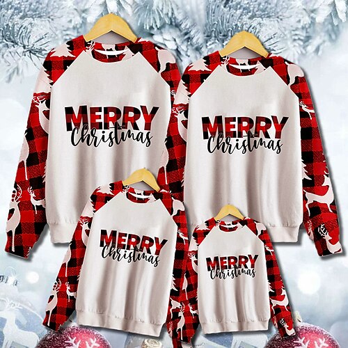 

Family Christmas Sweatshirt Plaid Letter Casual Crewneck Red Long Sleeve Adorable Matching Outfits