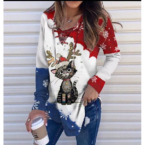 

Women's Blouse Shirt Blue Pink Wine Plaid Santa Claus Lace up Print Long Sleeve Christmas Casual Basic V Neck Regular S