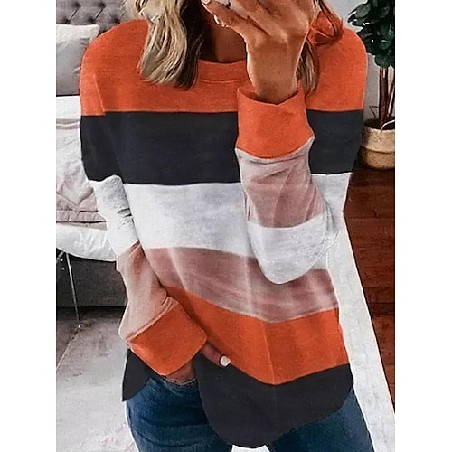 

Women's Sweatshirt Pullover Basic Orange Color Block Casual Round Neck Long Sleeve S M L XL 2XL 3XL