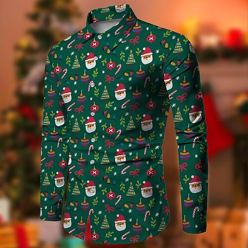 

Men's Shirt Santa Claus Turndown Wine Green Blue Purple 3D Print Christmas Street Long Sleeve Button-Down Print Clothing Apparel Fashion Designer Casual Breathable