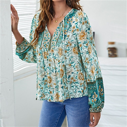 

Women's Blouse Patchwork Graphic Prints Classic Retro Beach V Neck Lantern Sleeve Regular Spring & Fall Green Blue Yellow Red
