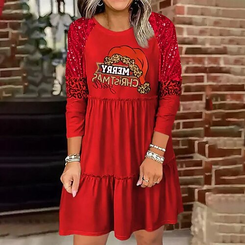 

Women's Casual Dress Shift Dress Mini Dress Red Long Sleeve Letter Sequins Winter Fall Autumn Crew Neck Modern Christmas Vacation Loose Fit 2022 S M L XL XXL 3XL