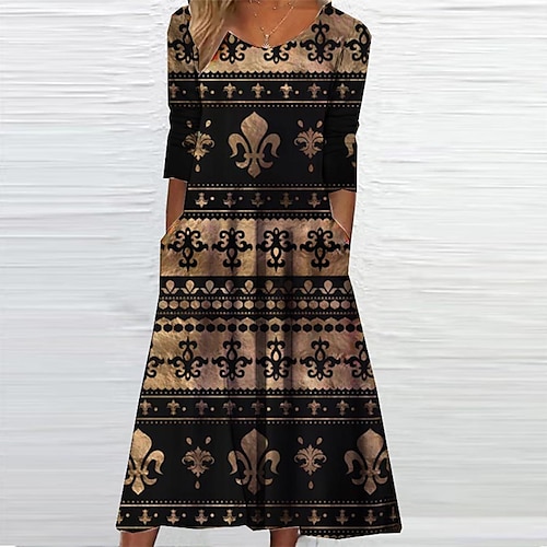 

Women's Casual Dress Shift Dress Midi Dress Midi Dress Black Yellow Khaki 3/4 Length Sleeve Tribal Ruched Winter Fall Spring Crew Neck Fashion Daily 2022 S M L XL XXL 3XL