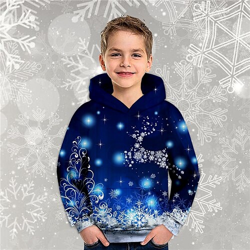 

Kids Boys Christmas Hoodie Pullover Elk Snowflake Long Sleeve Pocket Children Top Christmas Gifts 3D Print Hoodie Daily Royal Blue Winter 3-12 Years