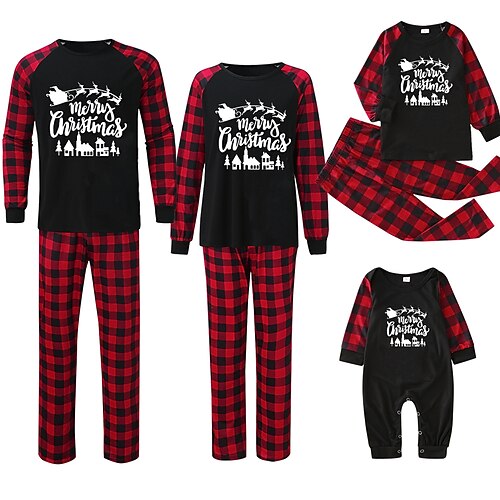 

Christmas Pajamas Family Plaid Letter Elk Home Black Long Sleeve Basic Matching Outfits