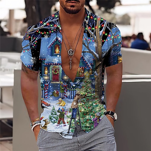 

Men's Shirt Tree Scenery Graphic Prints Turndown Blue Purple Gold Royal Blue Light Blue 3D Print Christmas Street Short Sleeve Button-Down Print Clothing Apparel Fashion Designer Casual Breathable