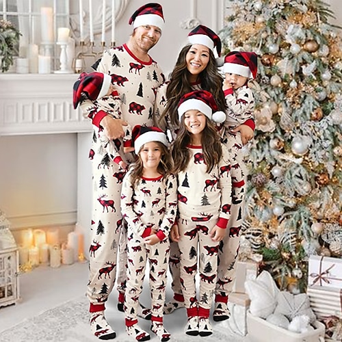 

Christmas Pajamas Ugly Family Set Elk Christmas Tree Home Beige Long Sleeve Mom Dad and Me Mom Dad and Me Basic Matching Outfits