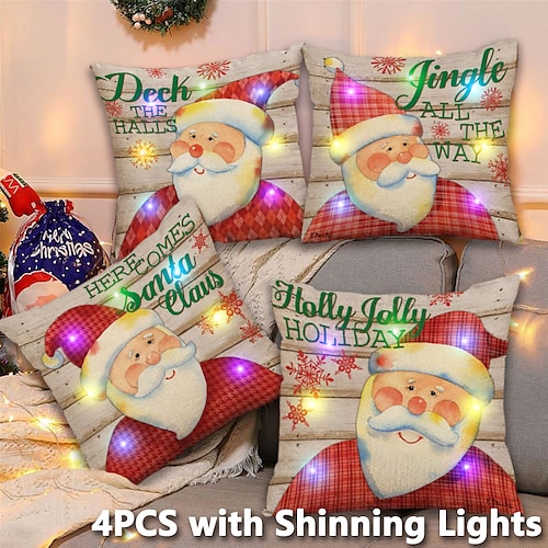 

Christmas Throw Pillow Cover with LED Light 4PC Soft Decorative Santa Claus Reindeer Snowman Square Cushion Pillowcase for Bedroom Livingroom Sofa Couch Chair