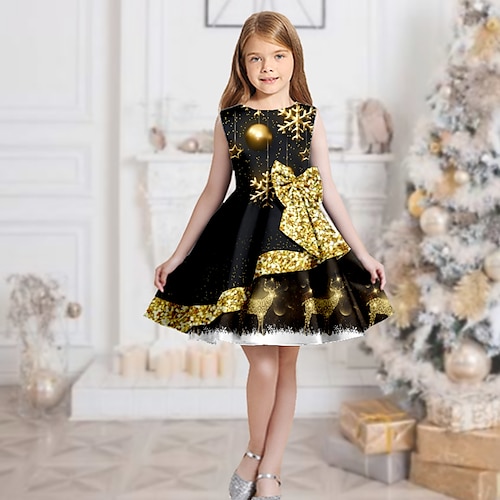 

Kids Girls' Christmas Dress Elk Swing Dress Knee-length Dress Christmas Gifts Ruffle Crew Neck Sleeveless Elegant Dress 2-13 Years Winter Black