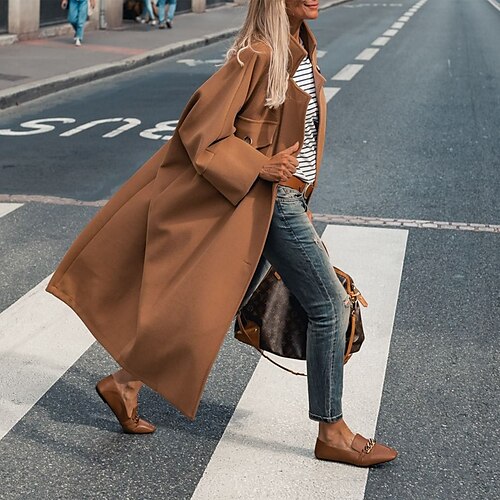 

Women's Coat Windproof Comfortable Daily Wear Vacation Going out Walking Button Pocket Single Breasted Turndown Comtemporary OL Style Comfortable Street Style Solid Color Loose Fit Outerwear Long