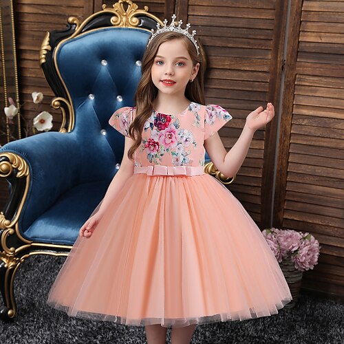 

Kids Girls' Party Dress Floral Party Dress Knee-length Dress Christmas Gifts Mesh Short Sleeve Princess Dress 3-10 Years Fall Blue Purple Pink