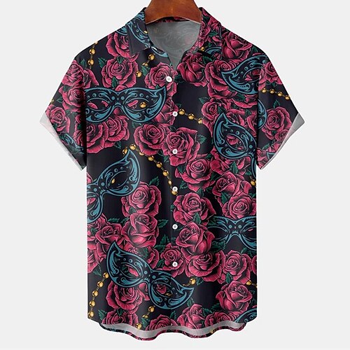 

Men's Shirt Rose Graphic Prints Mask Turndown Purple 3D Print Outdoor Street Short Sleeves Button-Down Print Clothing Apparel Tropical Designer Casual Hawaiian