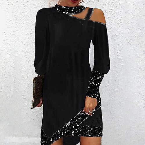 

Women's Casual Dress Mini Dress Black Long Sleeve Polka Dot Cold Shoulder Winter Fall Spring Stand Collar Stylish Vacation 2022 S M L XL XXL 3XL