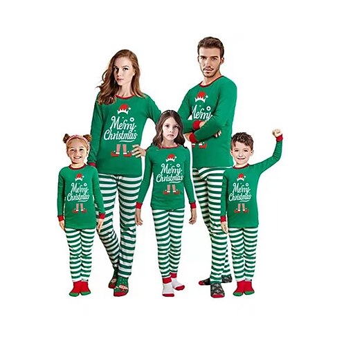 

Christmas Pajamas Family Letter Stripe Home Green Long Sleeve Basic Matching Outfits
