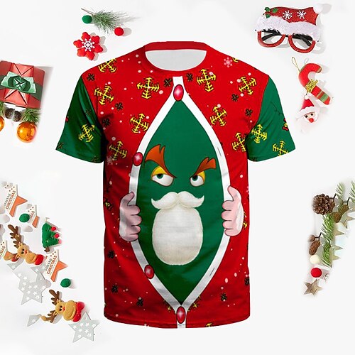 

Men's T shirt Tee Cartoon Graphic Prints Crew Neck Red 3D Print Outdoor Christmas Short Sleeve Print Clothing Apparel Sports Designer Casual