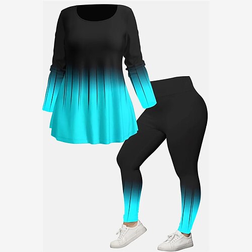 

Women's Plus Size Tops Set Color Gradient Print Long Sleeve Crew Neck Casual Daily Going out Polyester Winter Fall Blue