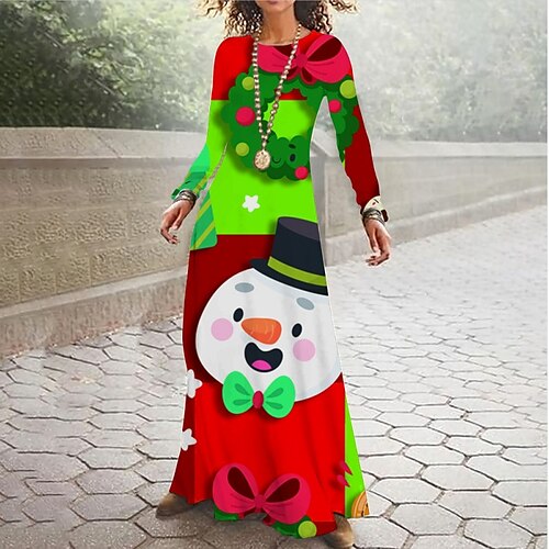 

Women's Casual Dress Long Dress Maxi Dress Aqua Blue Green Blue Long Sleeve Snowman Print Winter Fall Spring Crew Neck Casual Christmas Daily 2022 S M L XL XXL 3XL 4XL 5XL