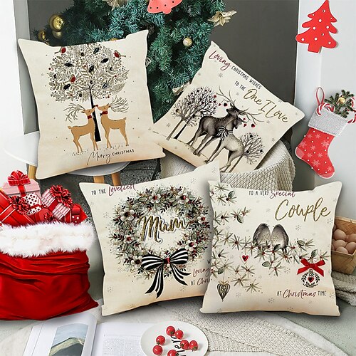 

Set of 4 Christmas Square Decorative Throw Pillow Cover Sofa Livingroom Cushion Covers
