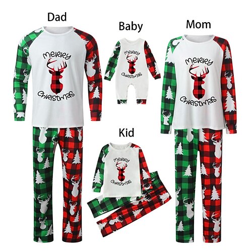 

Christmas Pajamas Family Plaid Letter Elk Home Green Red White Long Sleeve Basic Matching Outfits
