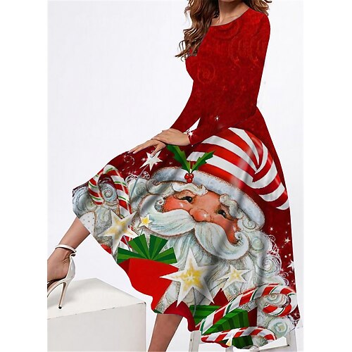 

Women's Casual Dress Swing Dress Midi Dress Wine Long Sleeve Santa Claus Pocket Winter Fall Autumn Round Neck Fashion Christmas Daily Weekend 2022 S M L XL XXL 3XL