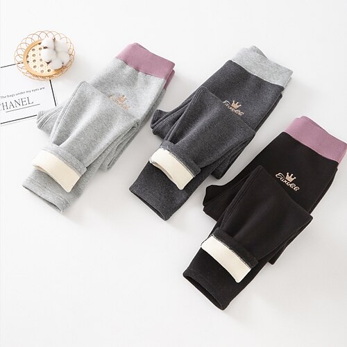 

Kids Girls' Fleece Lined Leggings Solid Color Active Outdoor 7-13 Years Winter Black Light gray Dark Gray