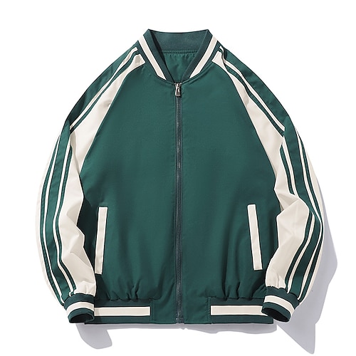 

Men's Varsity Jacket Warm Daily Wear Vacation Going out Zipper Standing Collar Comfort Leisure Jacket Outerwear Patchwork Zipper Pocket Black Blue Green