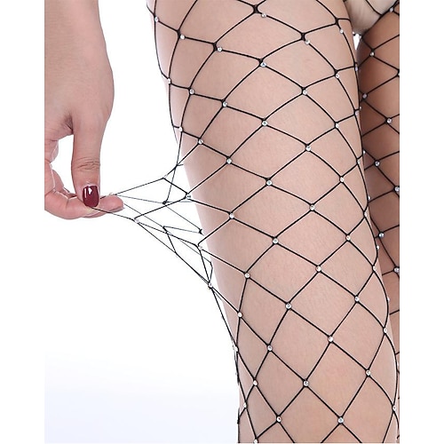 

Women's Pantyhose Mesh Stockings Tights Butt Lift Leg Shaping High Elasticity Mesh Rhinestone Hole Sexy Black One-Size