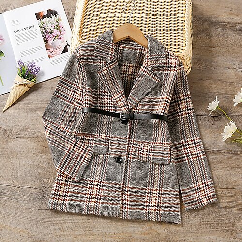 

Kids Girls' Woolen Coat Long Sleeve Camel Plaid Winter Fall Active Outdoor 7-13 Years
