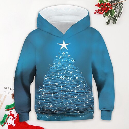 

Kids Boys Christmas Hoodie Pullover Christmas Tree Long Sleeve Pocket Children Top Christmas Gifts Hoodie Cute Daily Blue Winter 3-12 Years