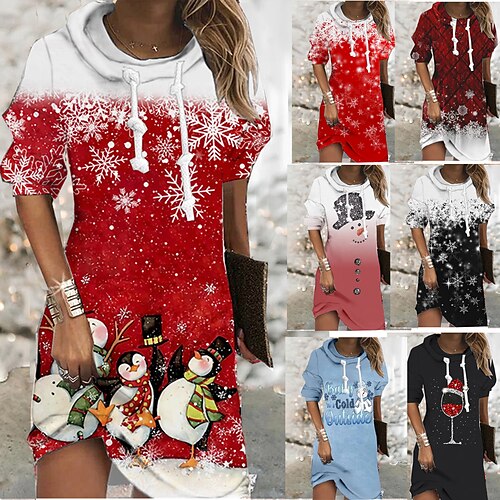 

Women's Christmas Hoodie Dress Shift Dress Mini Dress Black And White Green Black Blue Pink Wine Red Gray White Long Sleeve Snowman Snowflake Print Winter Fall Hooded Vacation Casual 2022 S M L XL