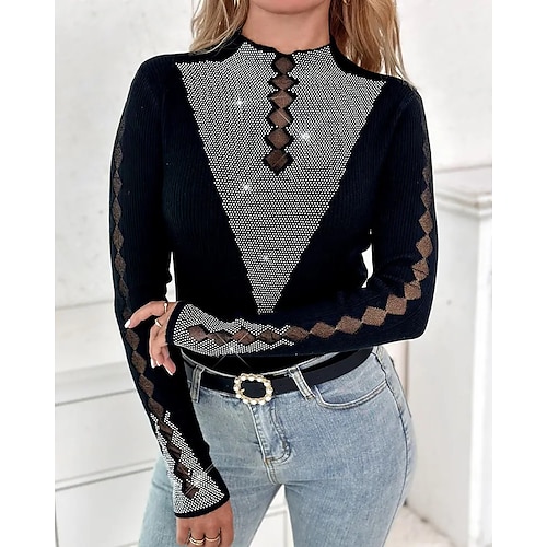 

Women's Blouse Shirt Green Black Red Plain Mesh Rhinestone Long Sleeve Casual Weekend Streetwear High Neck Regular One-Size