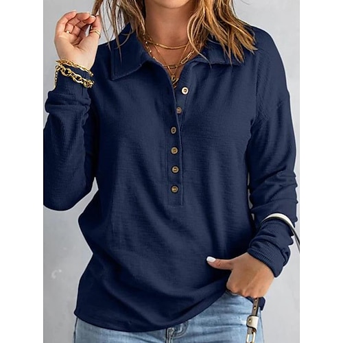 

Women's Shirt Blouse Light Blue Navy Blue Plain Button Long Sleeve Casual Basic Shirt Collar Regular S