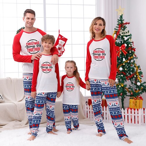 

Christmas Pajamas Family Letter Elk Home White Long Sleeve Basic Matching Outfits