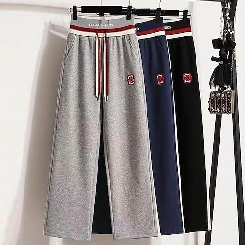 

Women's Fleece Pants Pants Trousers Cotton Fleece lined Black Blue Grey Sweatpants Athleisure Pocket Wide Leg Full Length Outdoor Striped M L XL