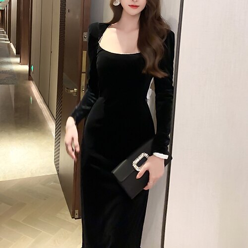 

Women's Party Dress Velvet Dress Sheath Dress Black Long Sleeve Pure Color Backless Winter Fall Autumn U Neck Modern Party Slim 2022 S M L