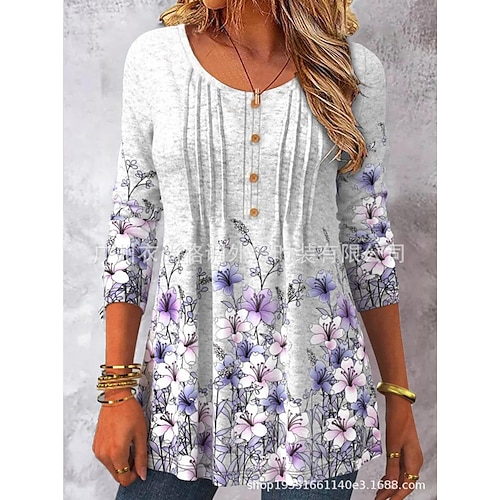 

Women's Blouse Shirt White Floral Button Flowing tunic Long Sleeve Casual Holiday Basic Round Neck Long Floral S