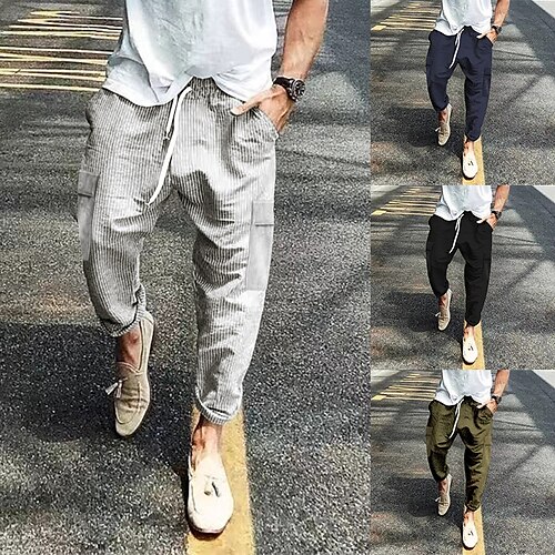 

Men's Trousers Casual Pants Pocket Drawstring Elastic Waist Solid Color Comfort Soft Casual Daily Going out Cotton Blend Corduroy Stylish Simple ArmyGreen Black Micro-elastic