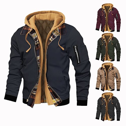 

Men's Bomber Jacket Quilted Full Zip Long Sleeve Outerwear Winter Fleece Thermal Warm Windproof Soft Hiking Running Walking Sportswear Activewear Solid Colored Emerald Green Navy Light Brown