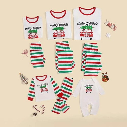 

Christmas Pajamas Family Set Ugly Letter Striped Home White Long Sleeve Mom Dad and Me Basic Matching Outfits