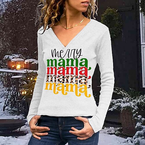

Women's T shirt Tee Black Red White Text Print Long Sleeve Daily Weekend Basic V Neck Regular Painting S