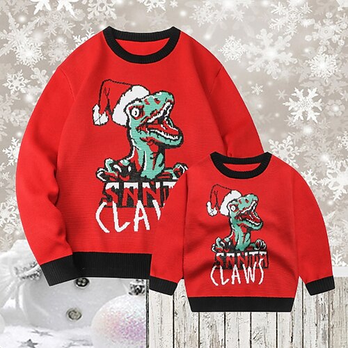

Dad and Son Tops Sweatshirt Pullover Cotton Dinosaur Ugly Christmas pattern Letter Christmas Gifts Print Red Long Sleeve Active Matching Outfits Basic Fall Winter