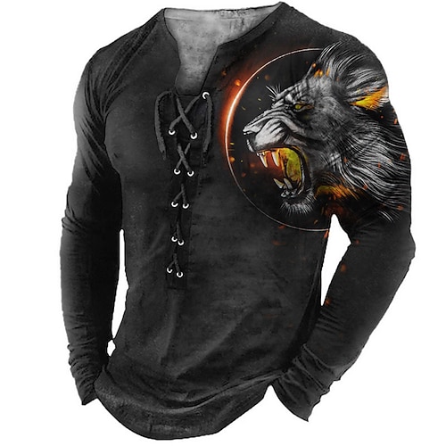 

Men's T shirt Tee Tee Graphic Lion Collar Green Blue Orange Brown 3D Print Outdoor Street Long Sleeve Lace up Print Clothing Apparel Basic Designer Casual Classic